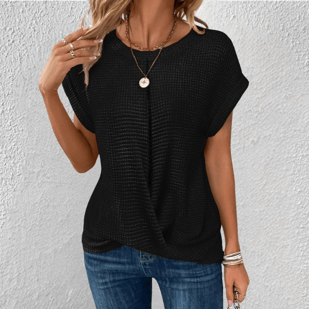 Women's Waffle Knit Top Round Neck Tummy Tucking Short Sleeve - Black