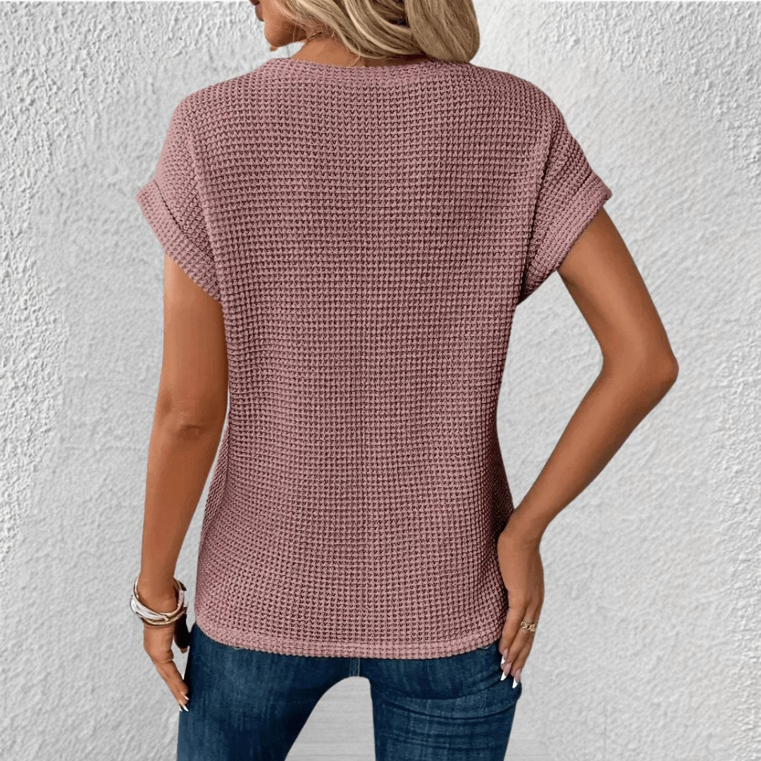 Women's Waffle Knit Top Round Neck Tummy Tucking Short Sleeve