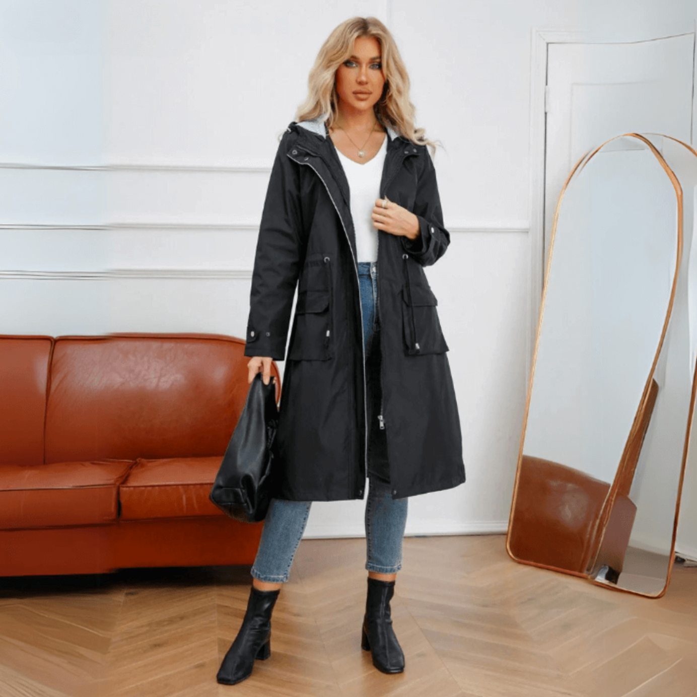 Women's Waterproof Hooded Long Rain Trench Coat Denim Jacket Alternative