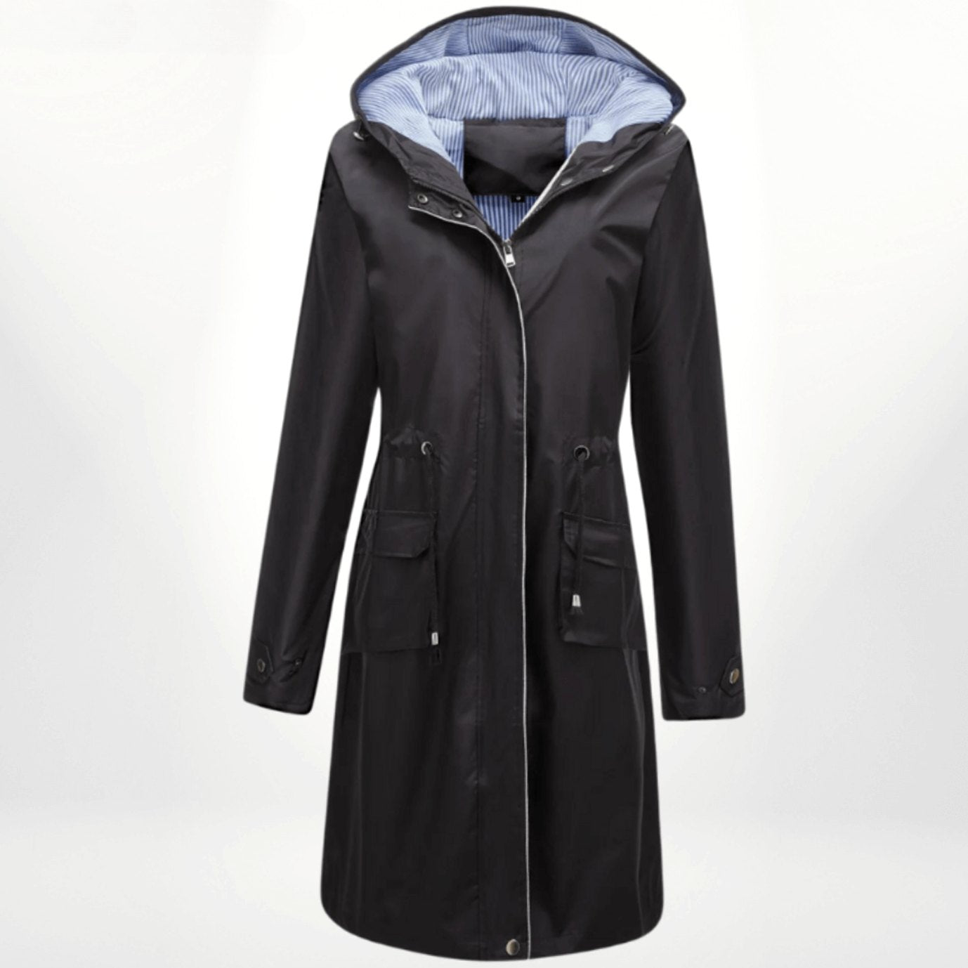 Women's Waterproof Hooded Long Rain Trench Coat Denim Jacket Alternative - Black