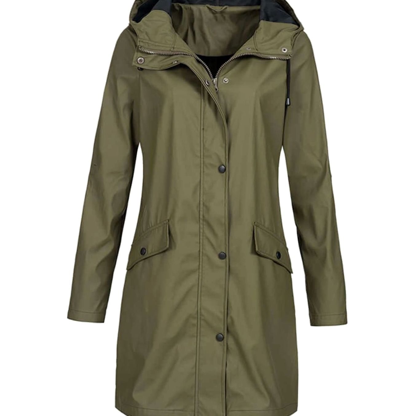 Women's Waterproof Hooded Raincoat Longline Zip-Up Jacket - Dark Green
