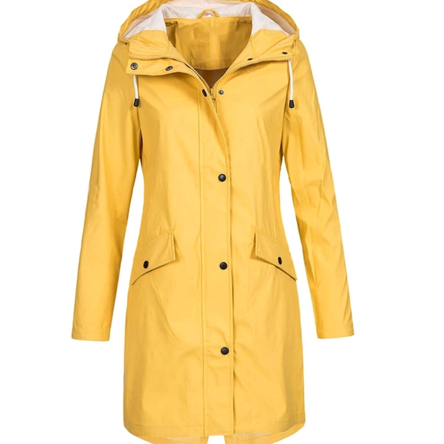 Women's Waterproof Hooded Raincoat Longline Zip-Up Jacket - Yellow
