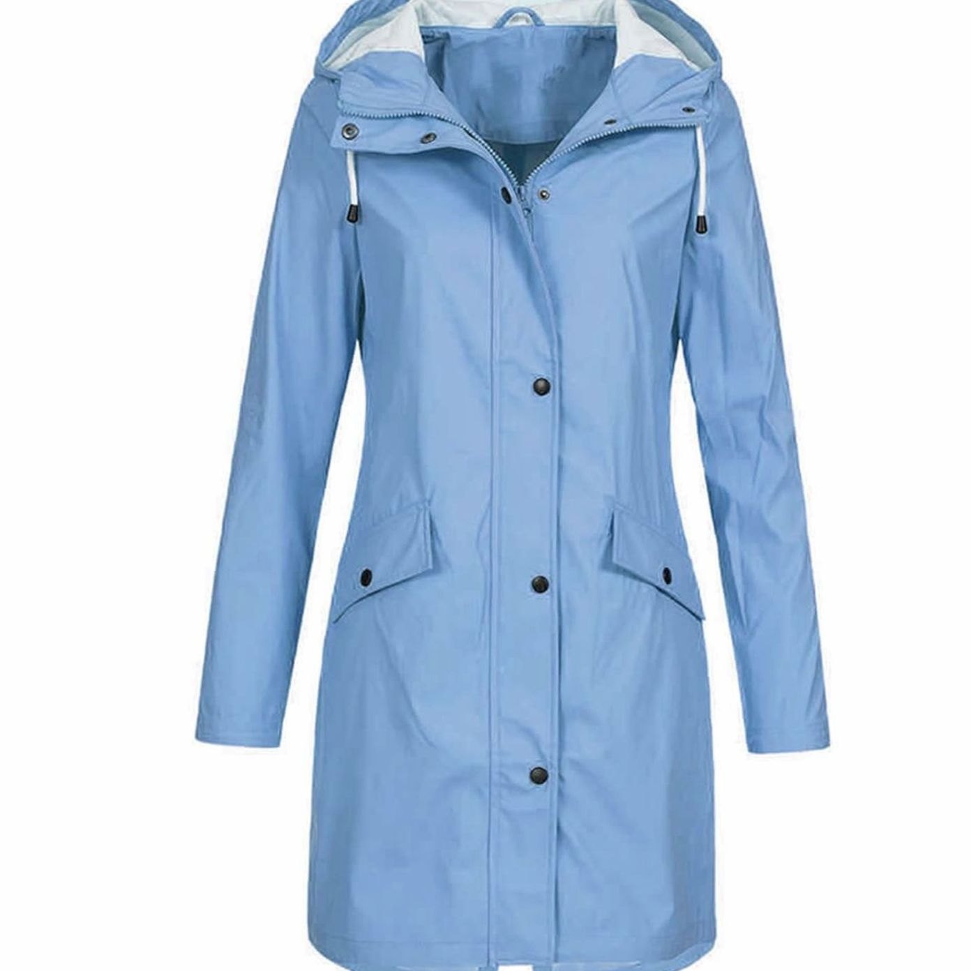 Women's Waterproof Hooded Raincoat Longline Zip-Up Jacket - Light Blue