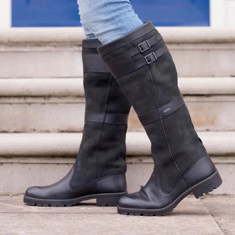 Women's Waterproof Leather Knee High Pull-On Country Boots - Black