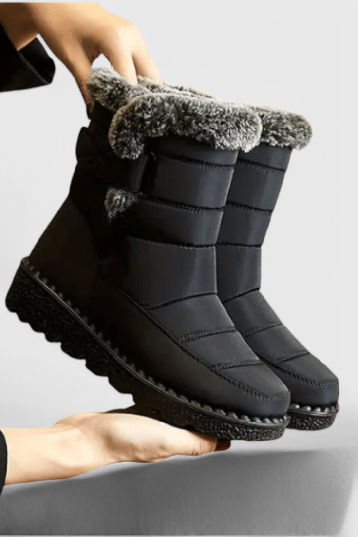 Women's Waterproof Quilted Faux Fur Lined Winter Boots - Black