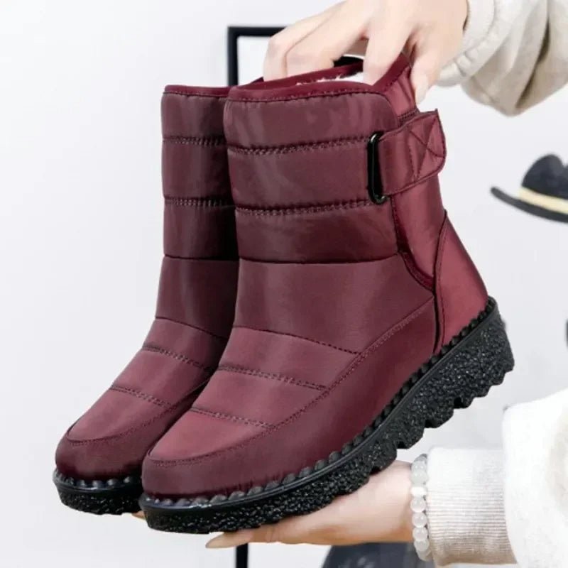Women's Waterproof Quilted Winter Ankle Snow Boots - Red
