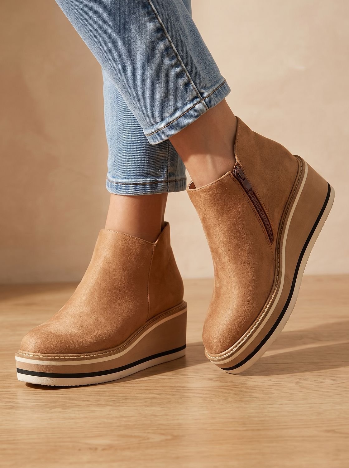 Women's Waterproof Side-Zip Wedge Platform Ankle Boots - Khaki