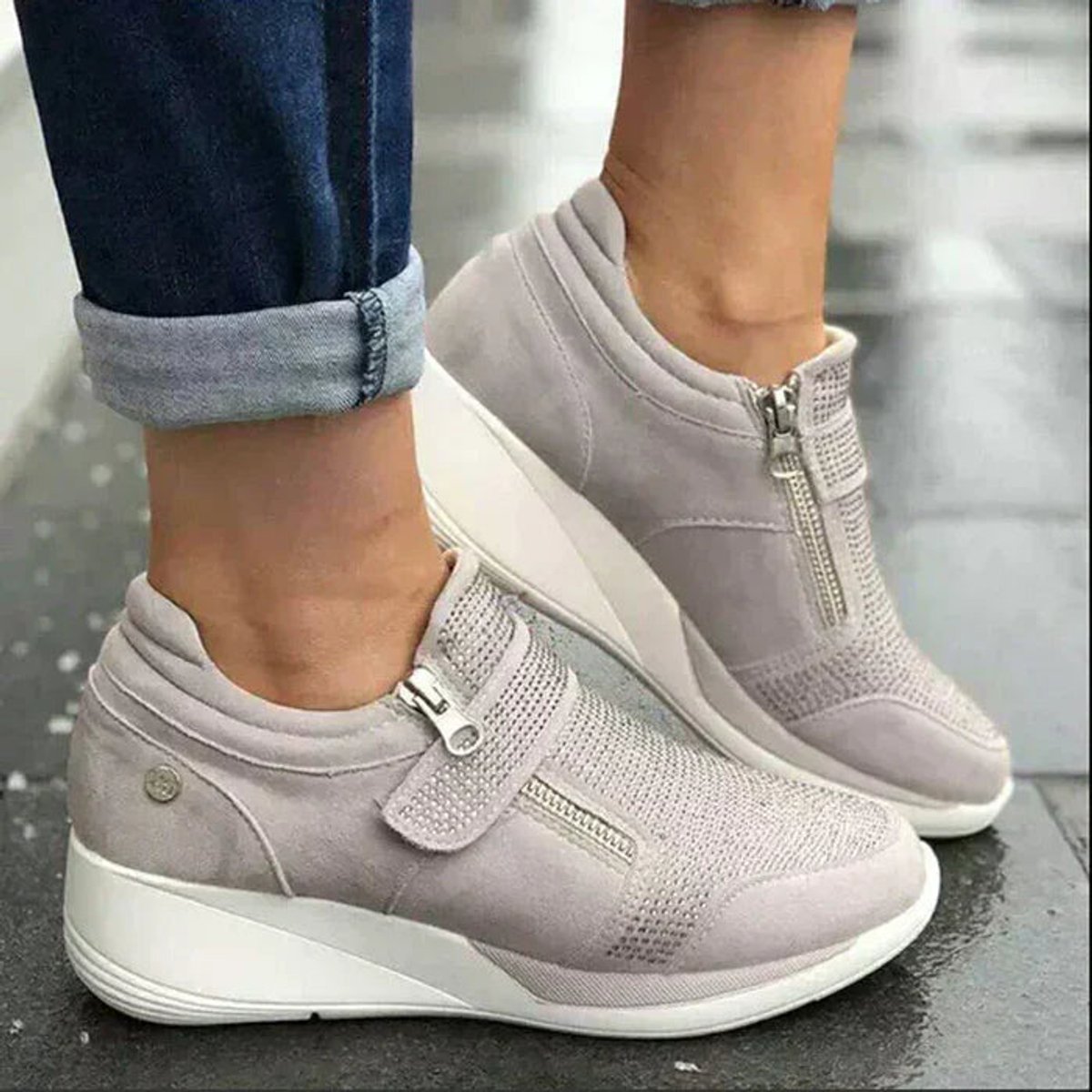 Women's Wedge Zip-Up Knit Mesh Comfort Sneakers - Grey