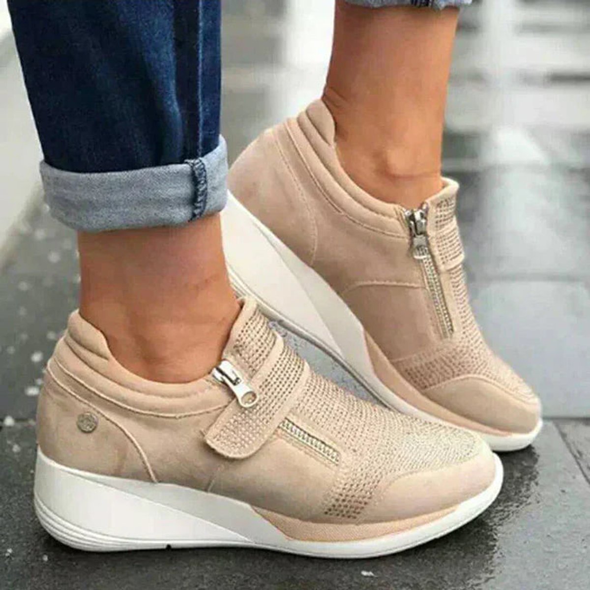 Women's Wedge Zip-Up Knit Mesh Comfort Sneakers - Beige