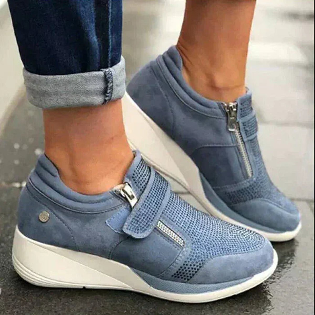 Women's Wedge Zip-Up Knit Mesh Comfort Sneakers - Blue