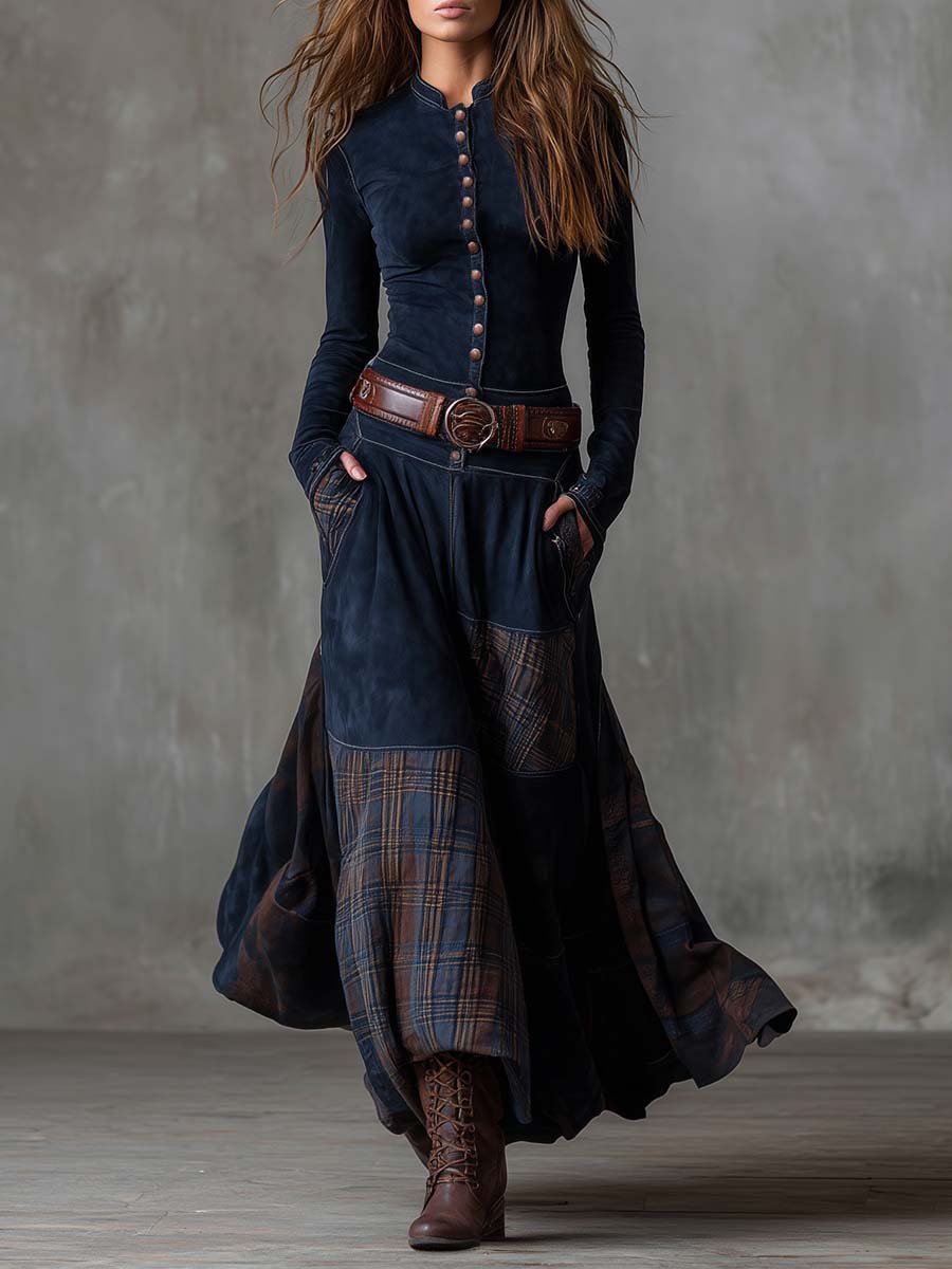 Women's Western-Boho Suede-Effect Plaid-Panel Maxi Dresses - Navy