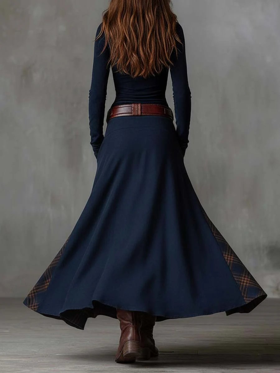 Women's Western-Boho Suede-Effect Plaid-Panel Maxi Dresses