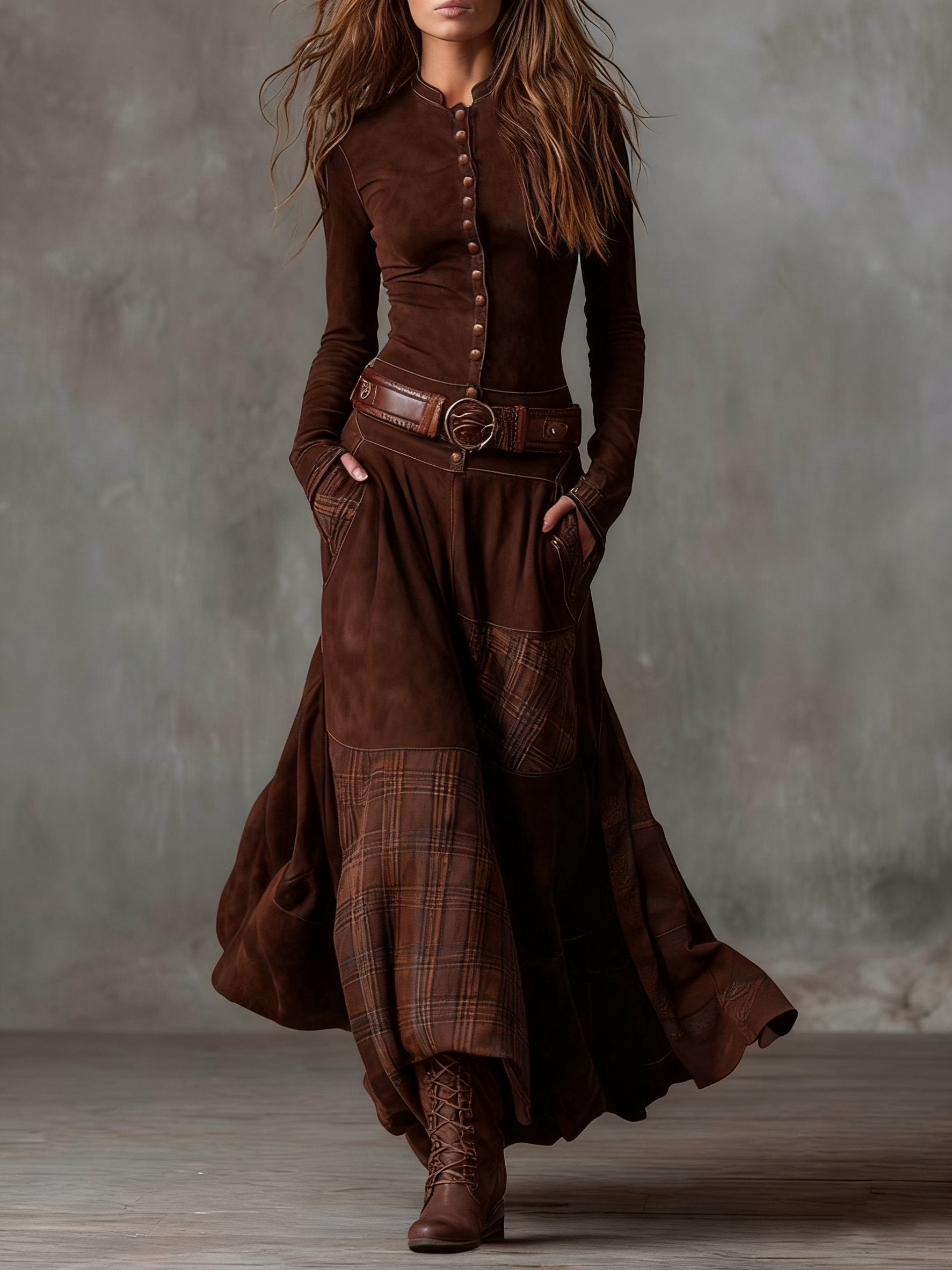 Women's Western-Boho Suede-Effect Plaid-Panel Maxi Dresses - Brown