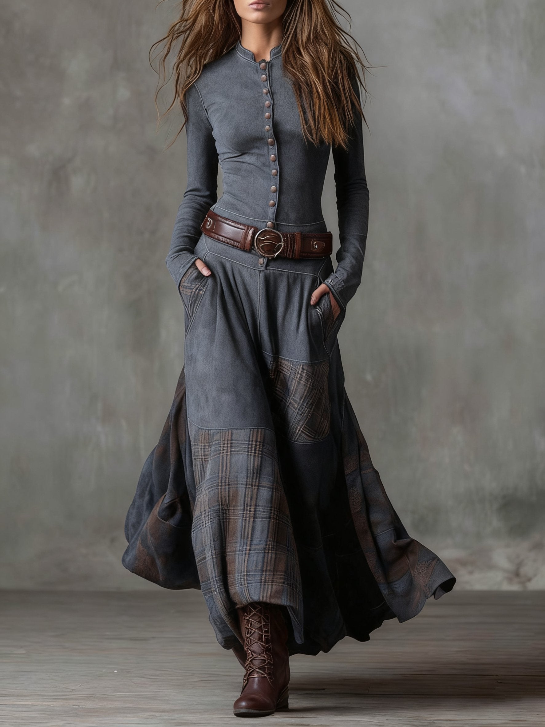Women's Western-Boho Suede-Effect Plaid-Panel Maxi Dresses - Gray