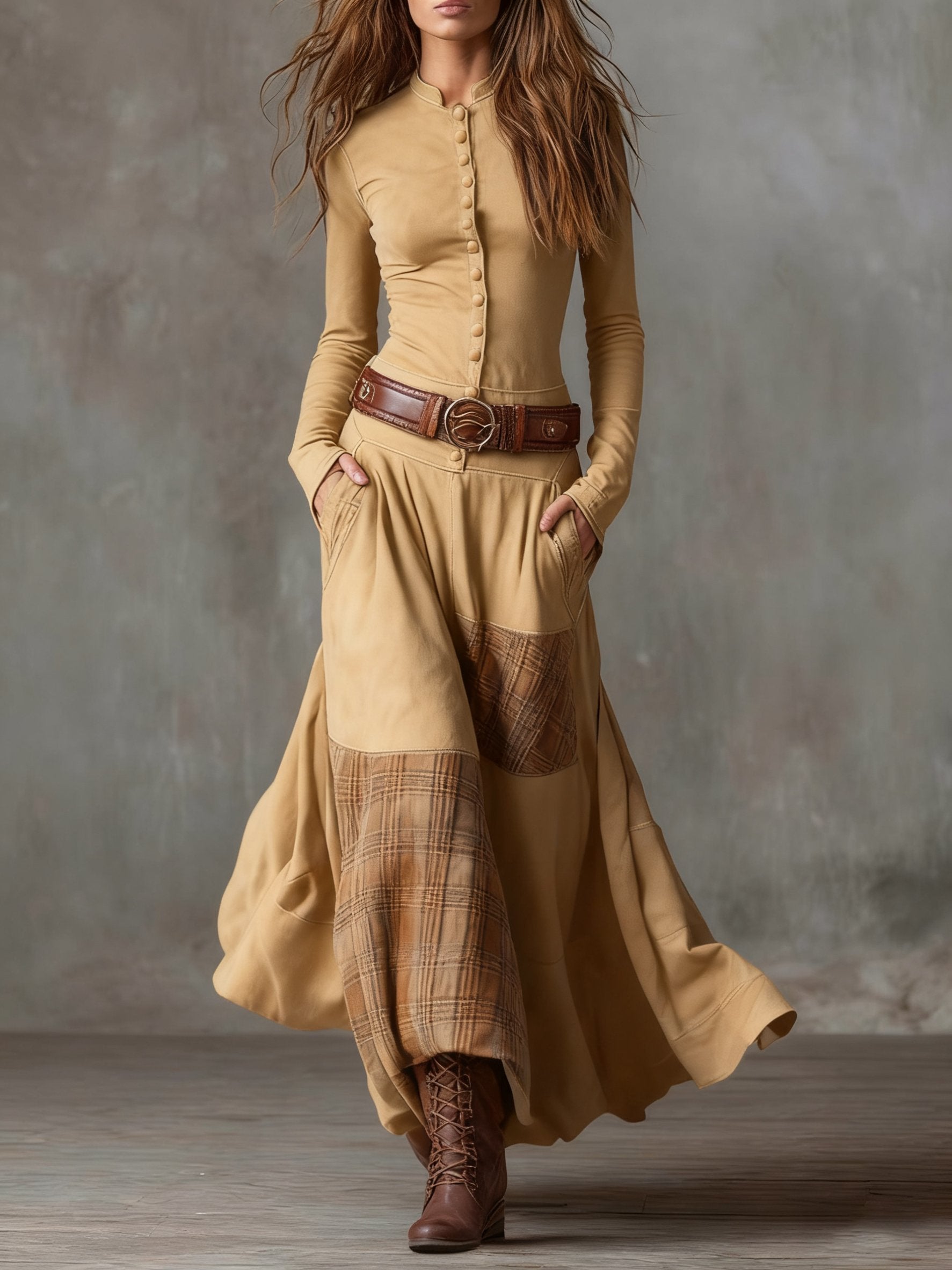 Women's Western-Boho Suede-Effect Plaid-Panel Maxi Dresses - Khaki