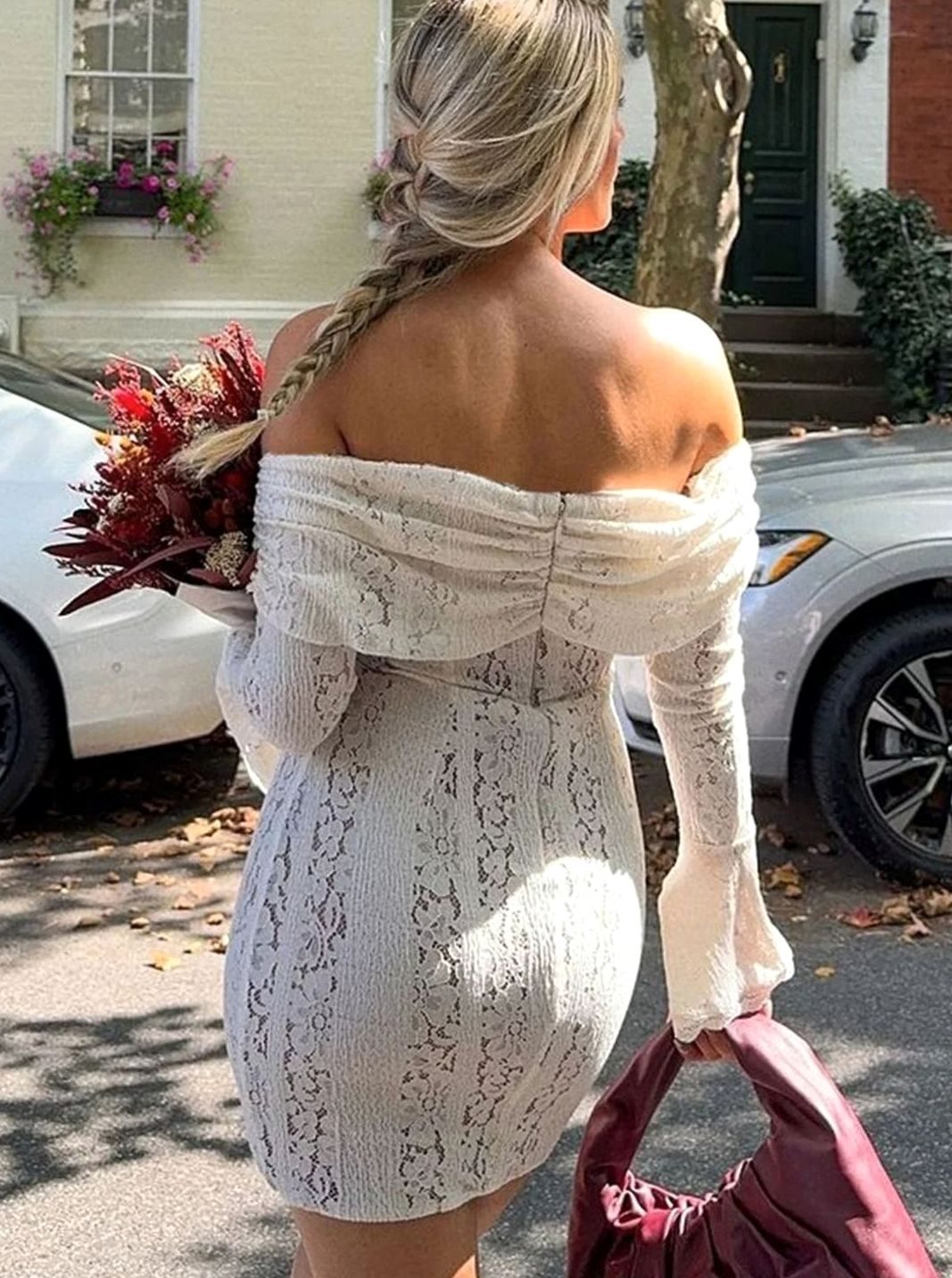 Women's White Lace Long Sleeve Off-Shoulder Mini Wedding Guest Dress Off-Shoulders