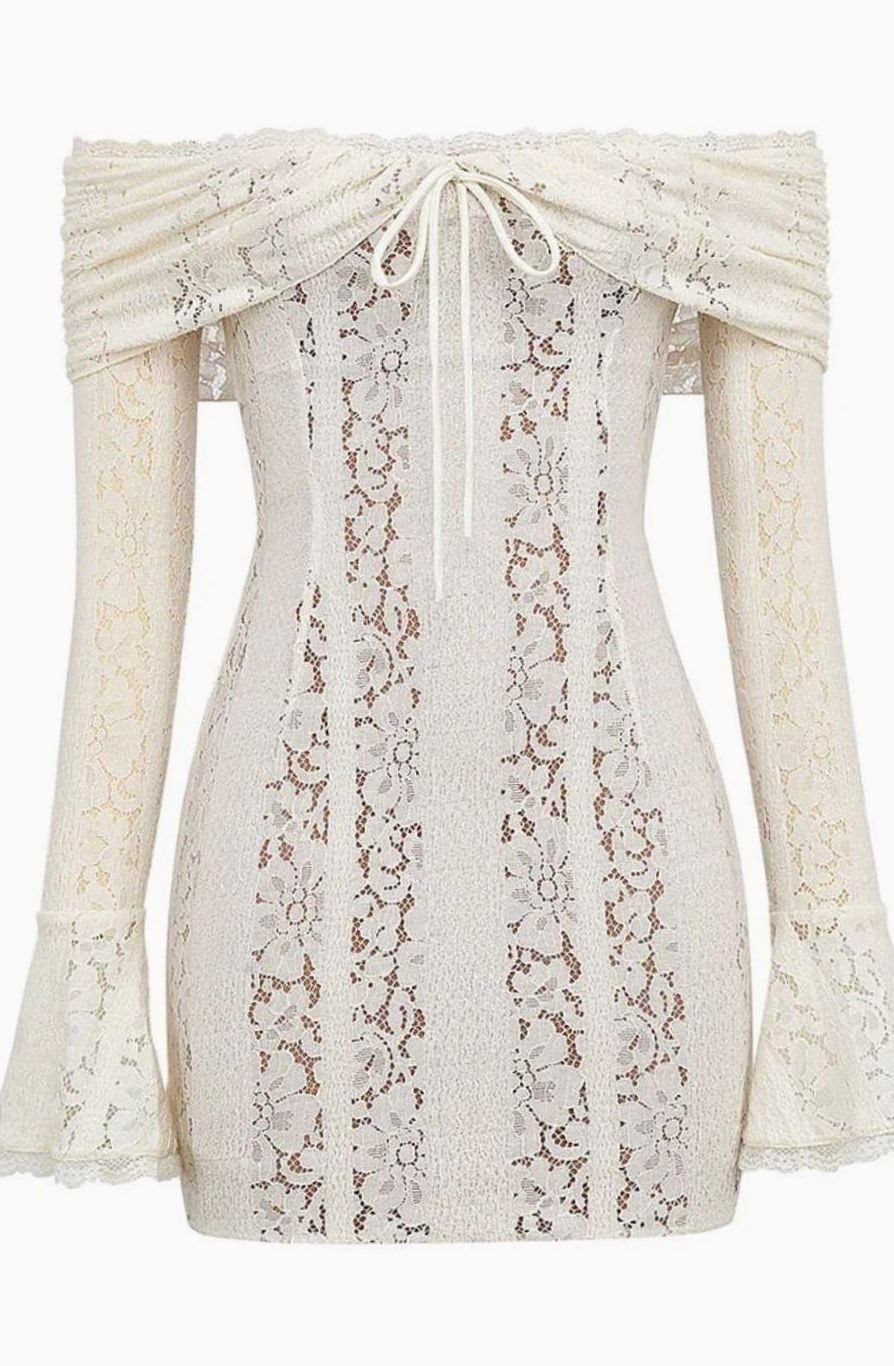 Women's White Lace Long Sleeve Off-Shoulder Mini Wedding Guest Dress Off-Shoulders