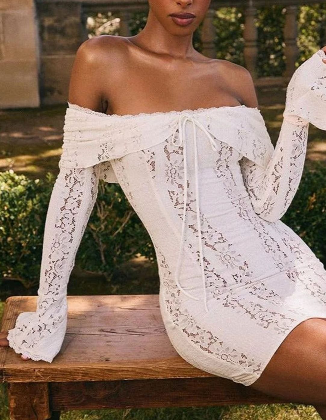 Women's White Lace Long Sleeve Off-Shoulder Mini Wedding Guest Dress Off-Shoulders