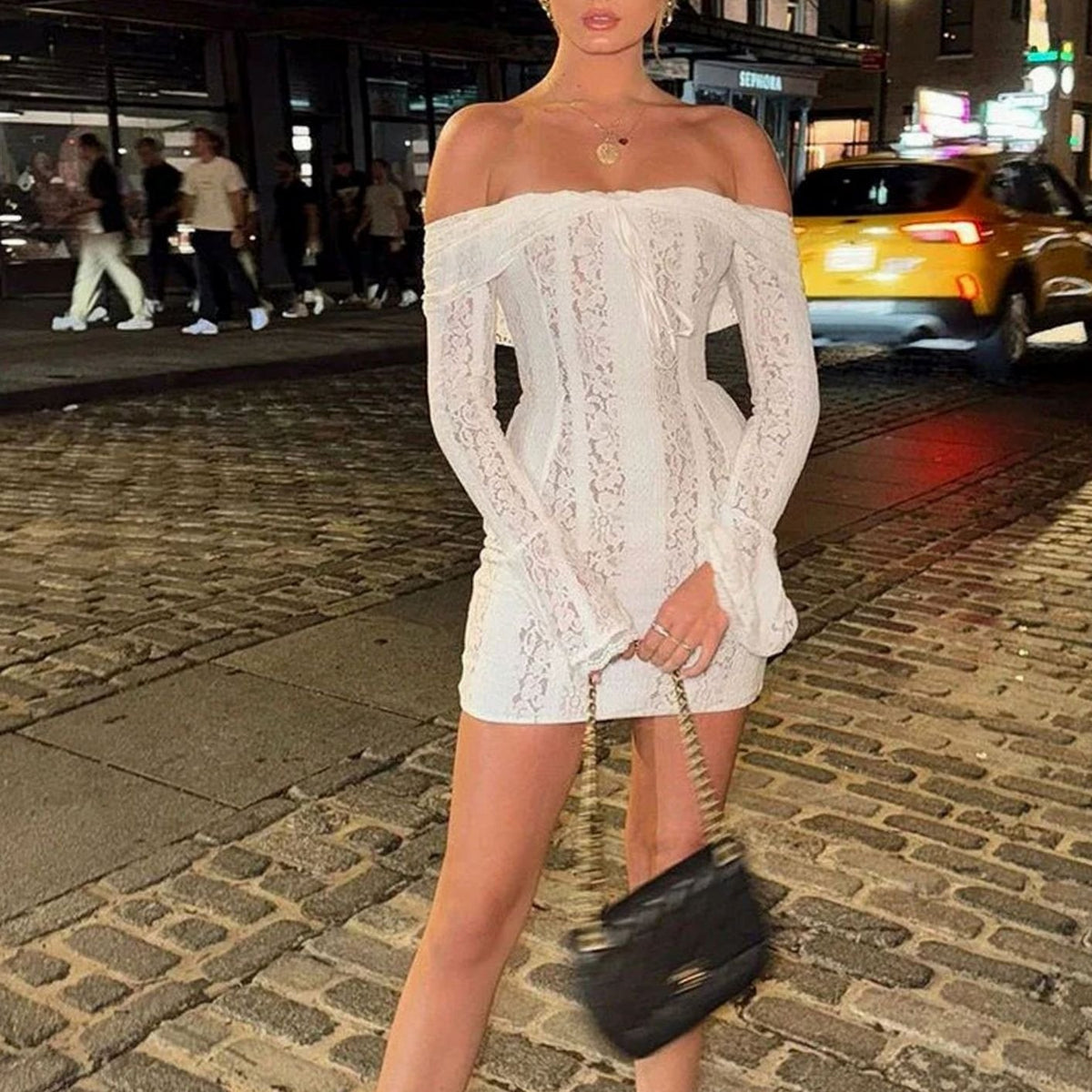 Women's White Lace Long Sleeve Off-Shoulder Mini Wedding Guest Dress Off-Shoulders