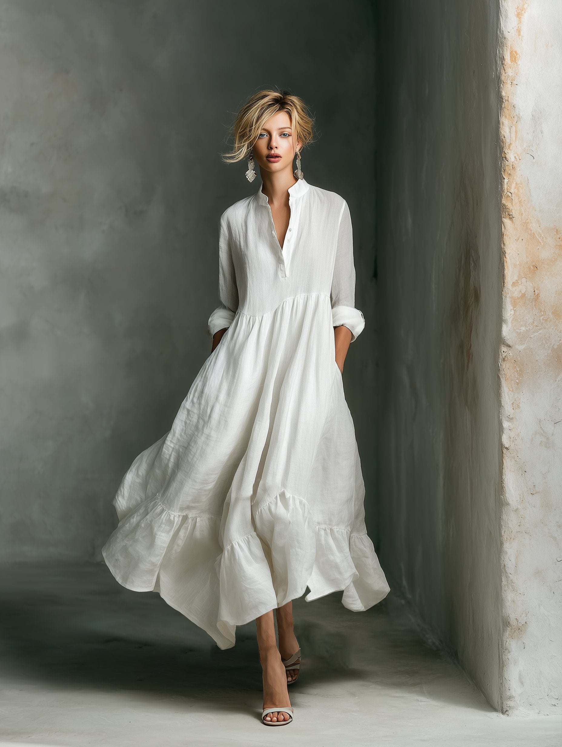 Women's White Linen Tiered Long-Sleeve Maxi Dress