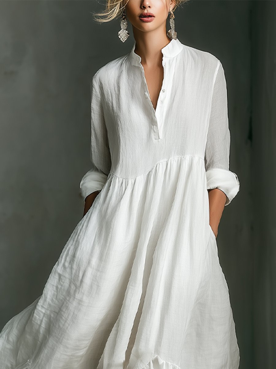 Women's White Linen Tiered Long-Sleeve Maxi Dress