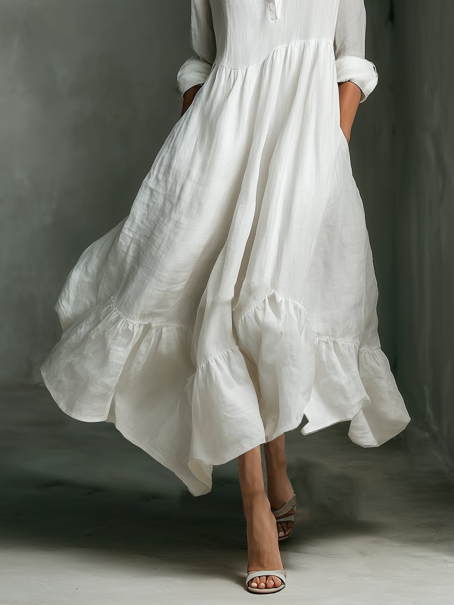 Women's White Linen Tiered Long-Sleeve Maxi Dress