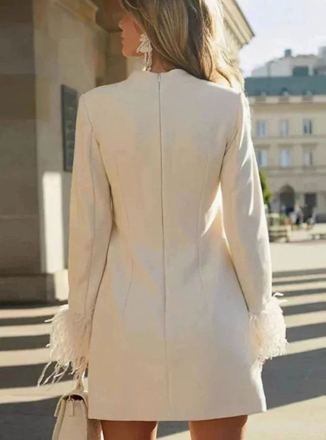 Women's White Long Sleeve Feather-Trim Satin Mini Dress