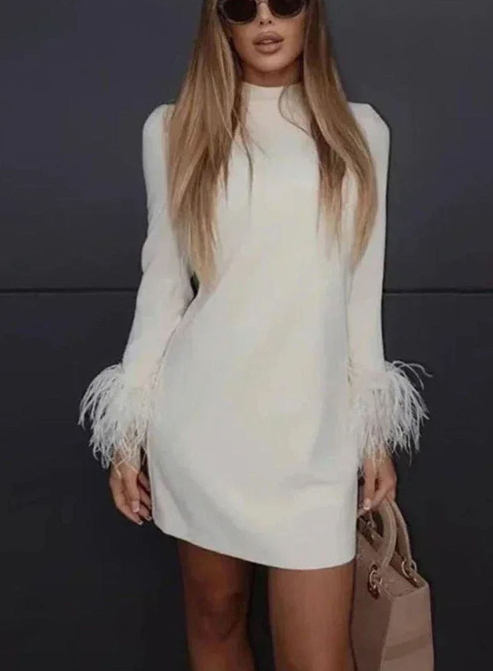Women's White Long Sleeve Feather-Trim Satin Mini Dress