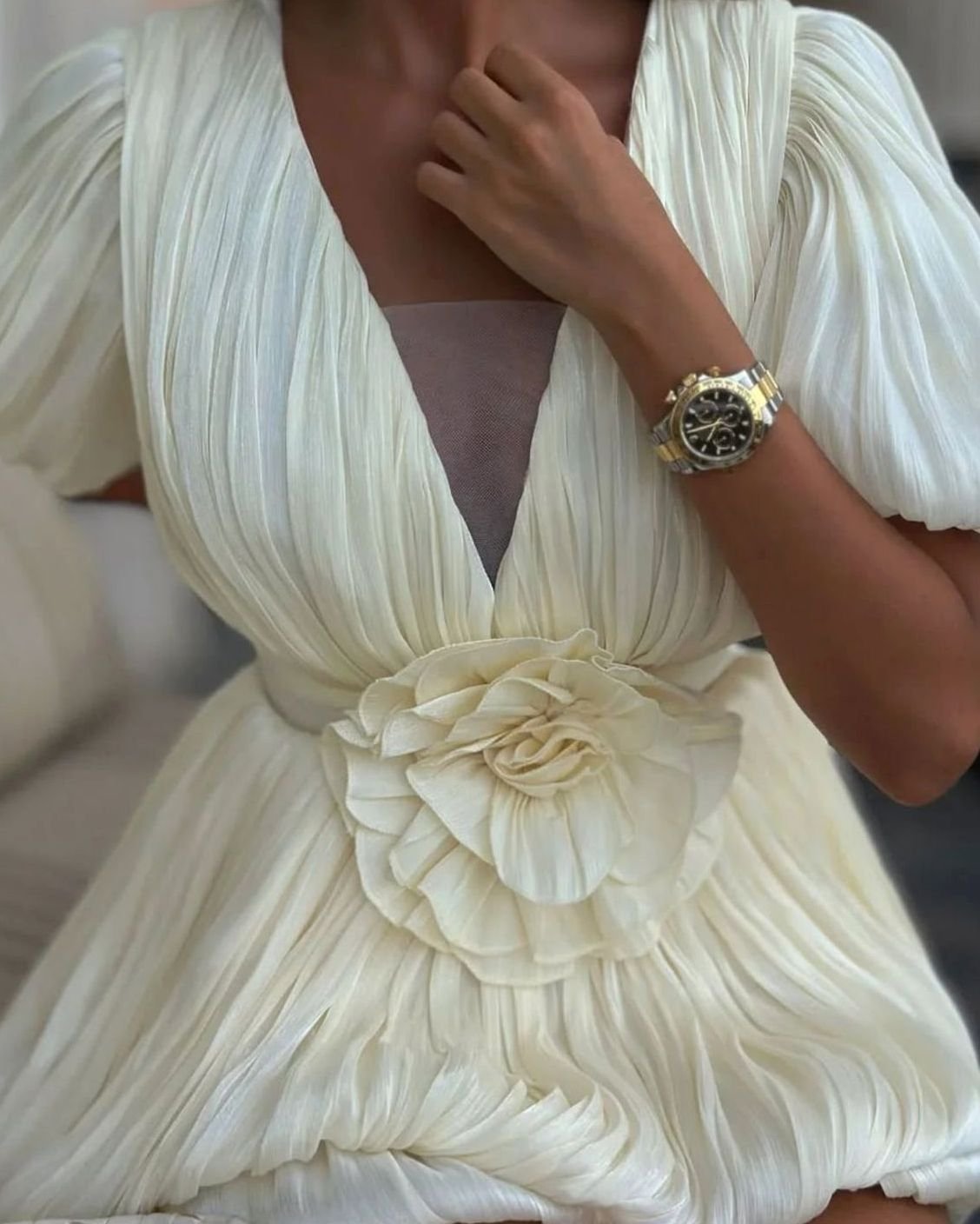 Women's White Pleated Floral Formal Mini Dress, Ivory