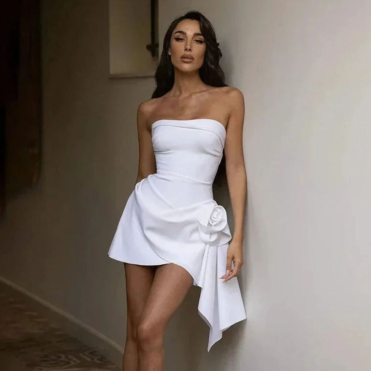 Women's White Strapless Mini Dress 3D Floral Asymmetric Hem