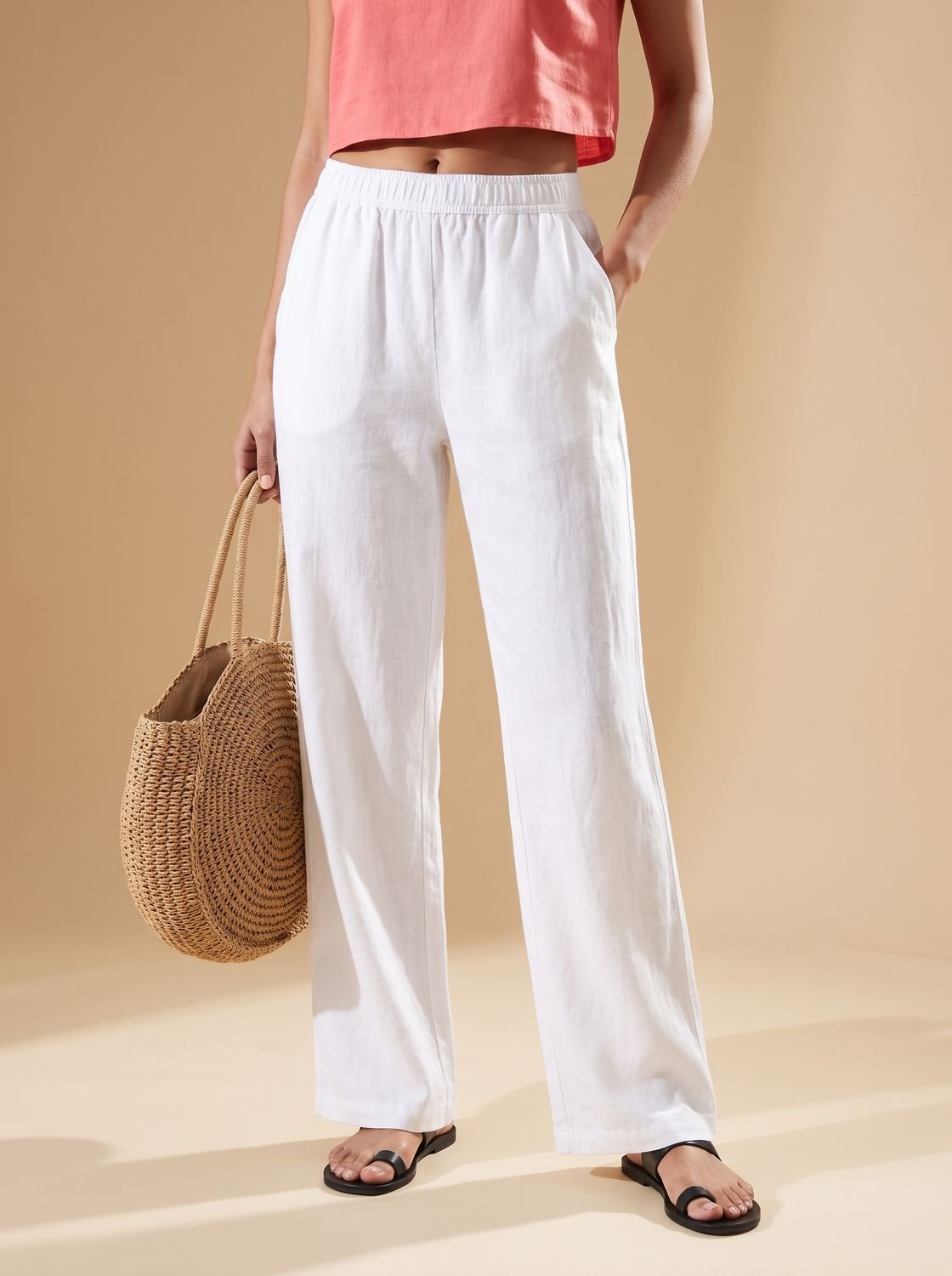 Women's Wide-Leg 100% Linen Trousers High-Waist Breathable Pants - White