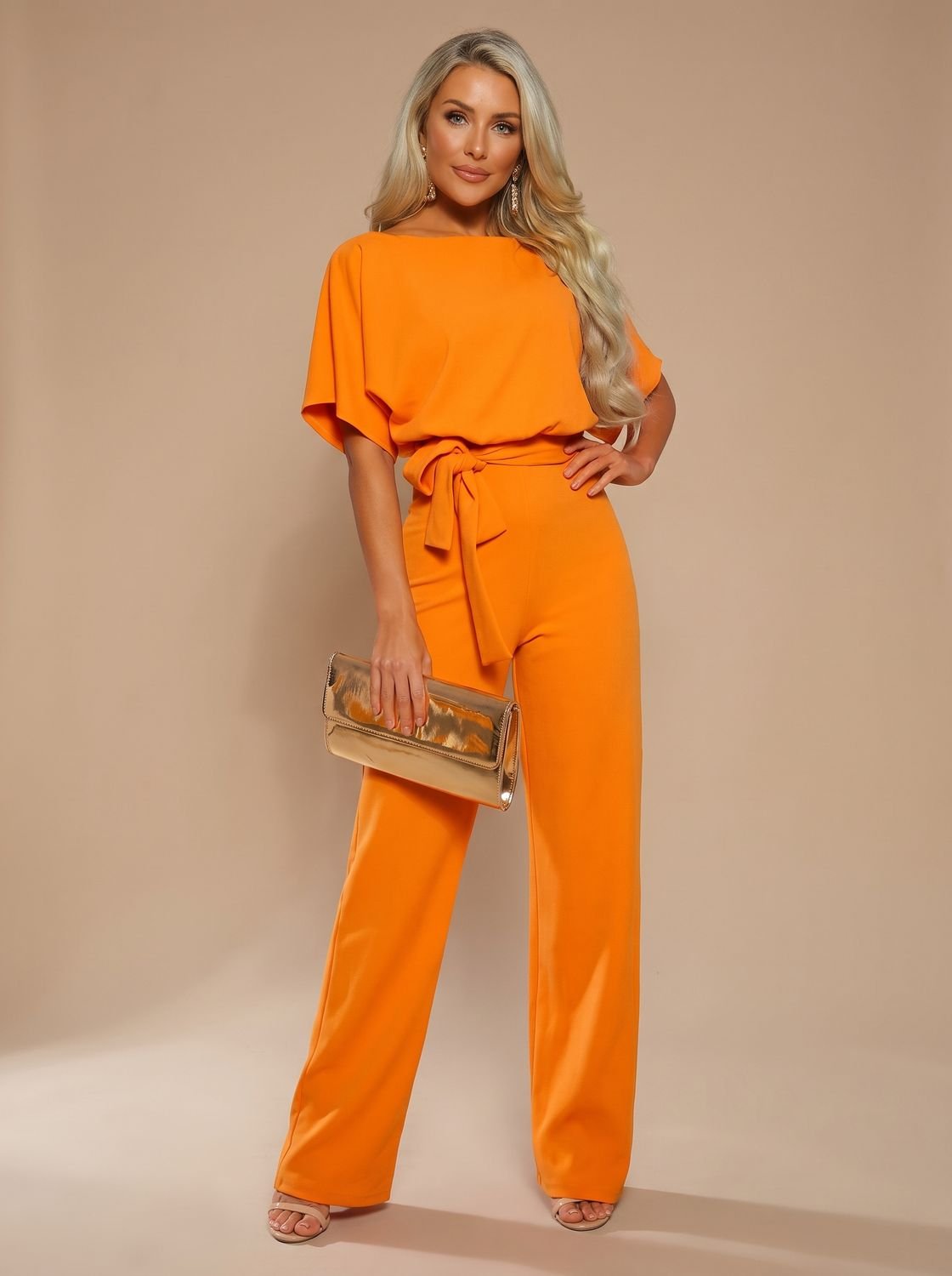 Women's Wide-Leg Belted Short-Sleeve Jumpsuit - Yellow