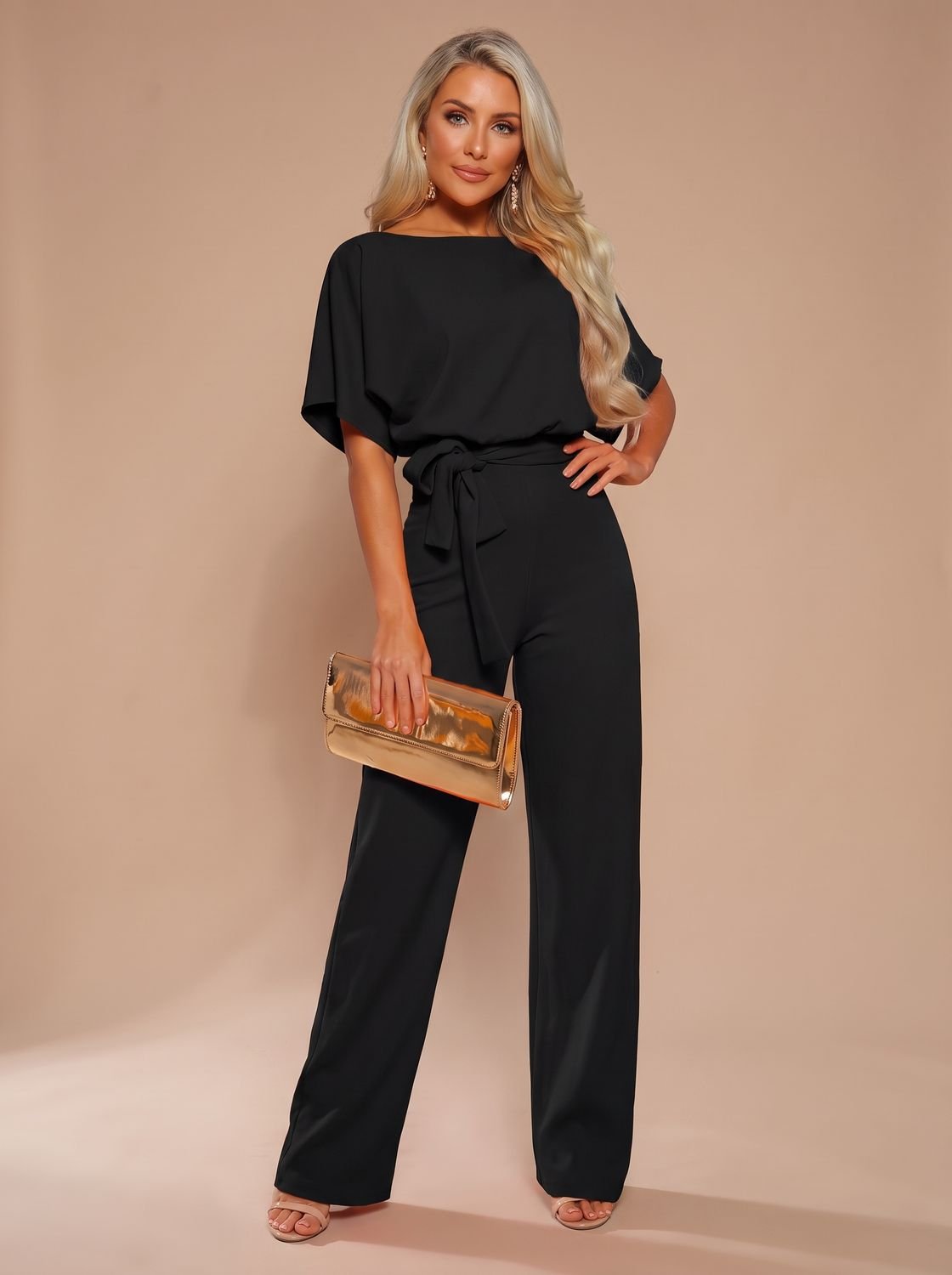 Women's Wide-Leg Belted Short-Sleeve Jumpsuit - Black