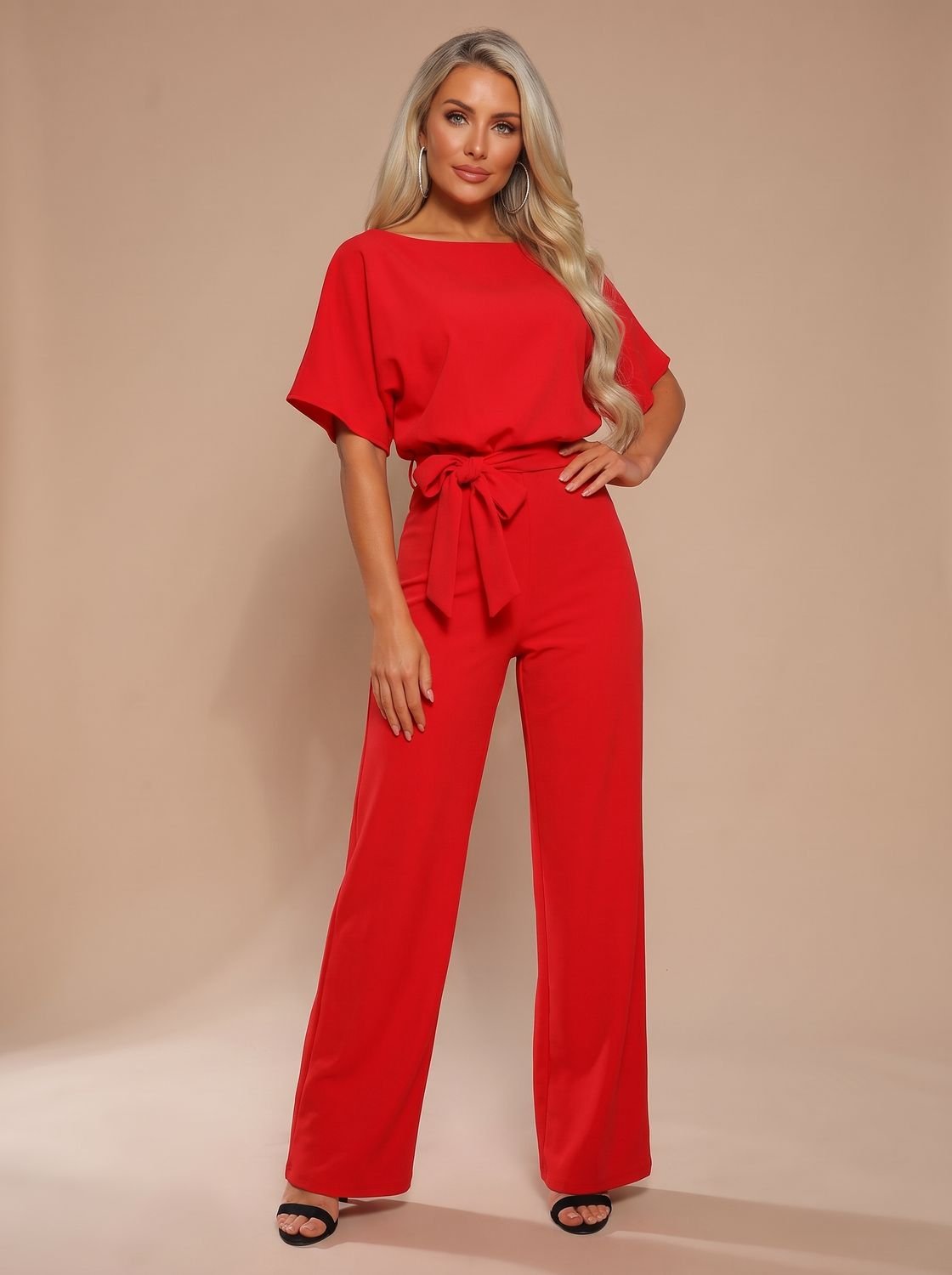 Women's Wide-Leg Belted Short-Sleeve Jumpsuit - Red
