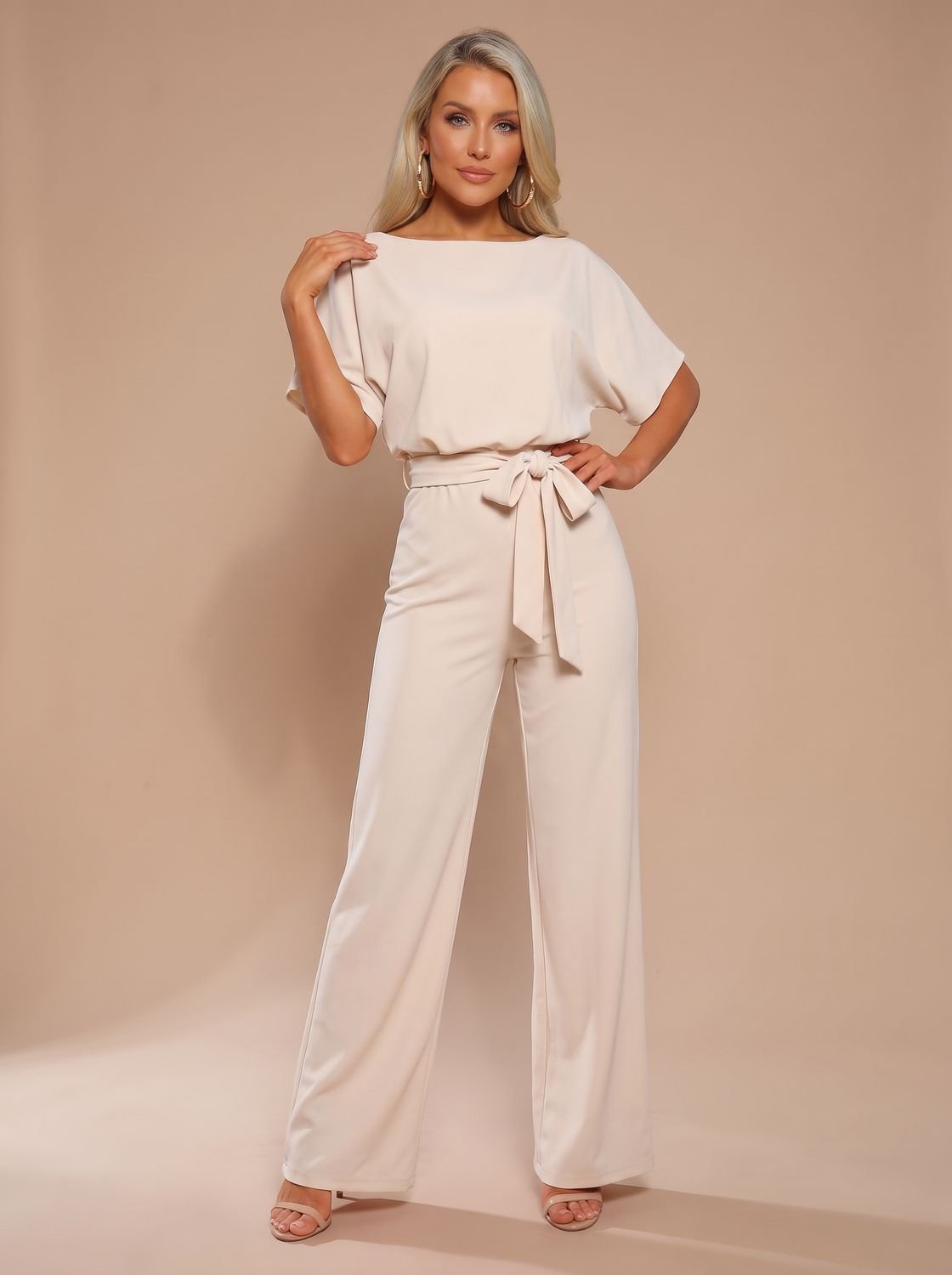 Women's Wide-Leg Belted Short-Sleeve Jumpsuit - Beige