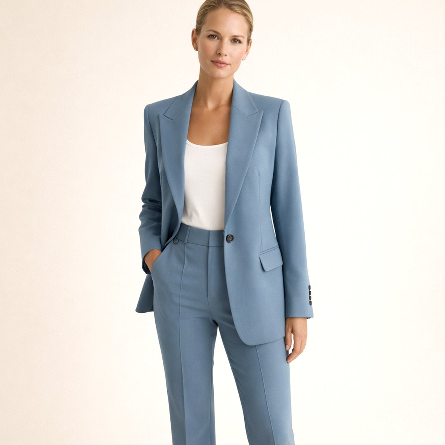 Women's Wide-Leg Blazer Trouser Two-Piece Suit - Navy Blue