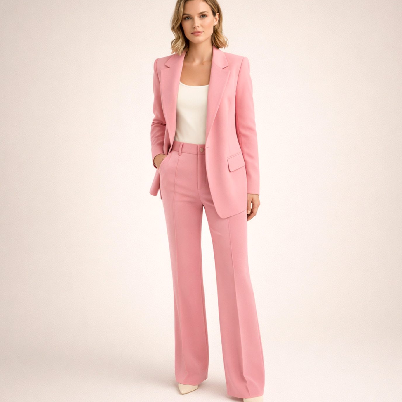 Women's Wide-Leg Blazer Trouser Two-Piece Suit - Pink