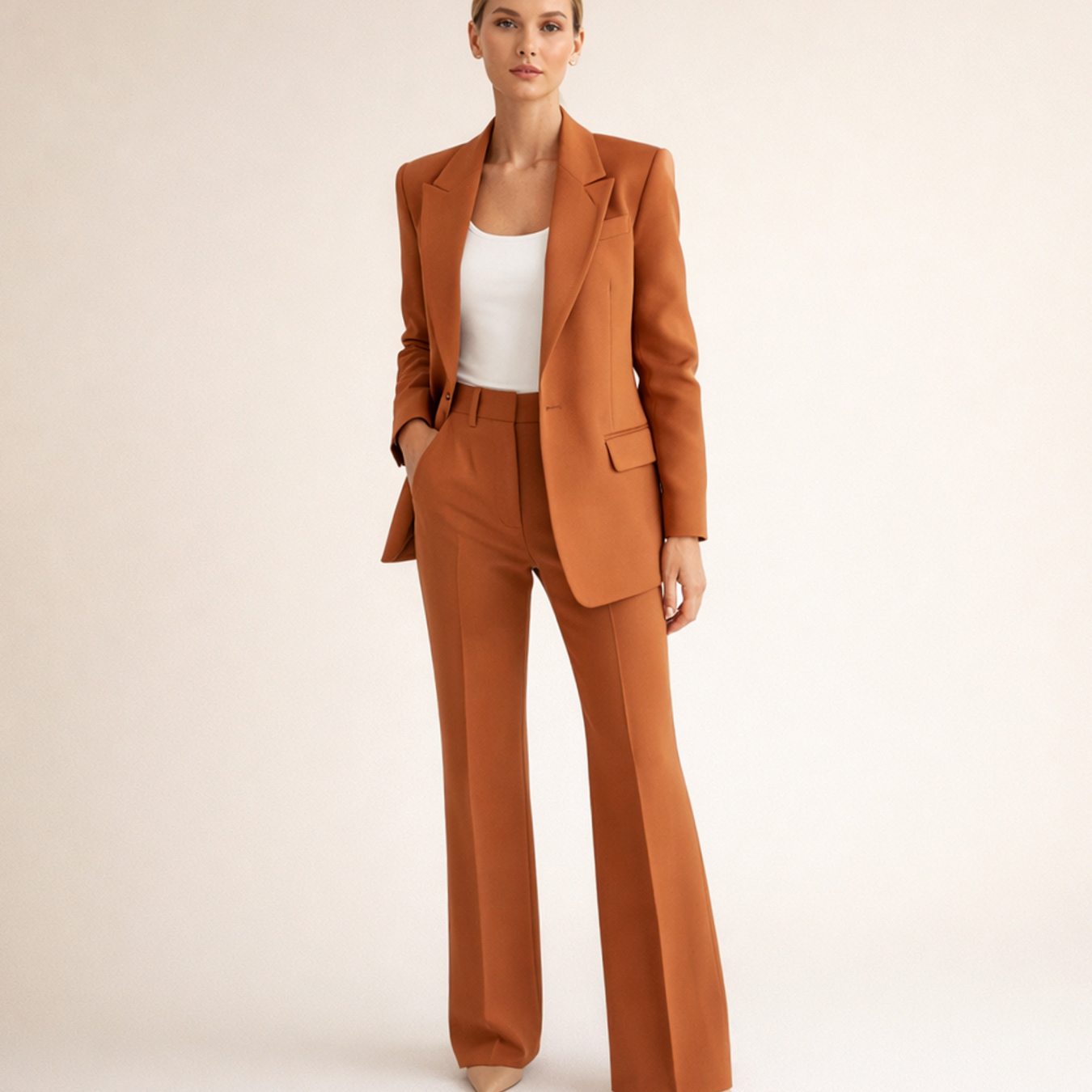 Women's Wide-Leg Blazer Trouser Two-Piece Suit - Brown