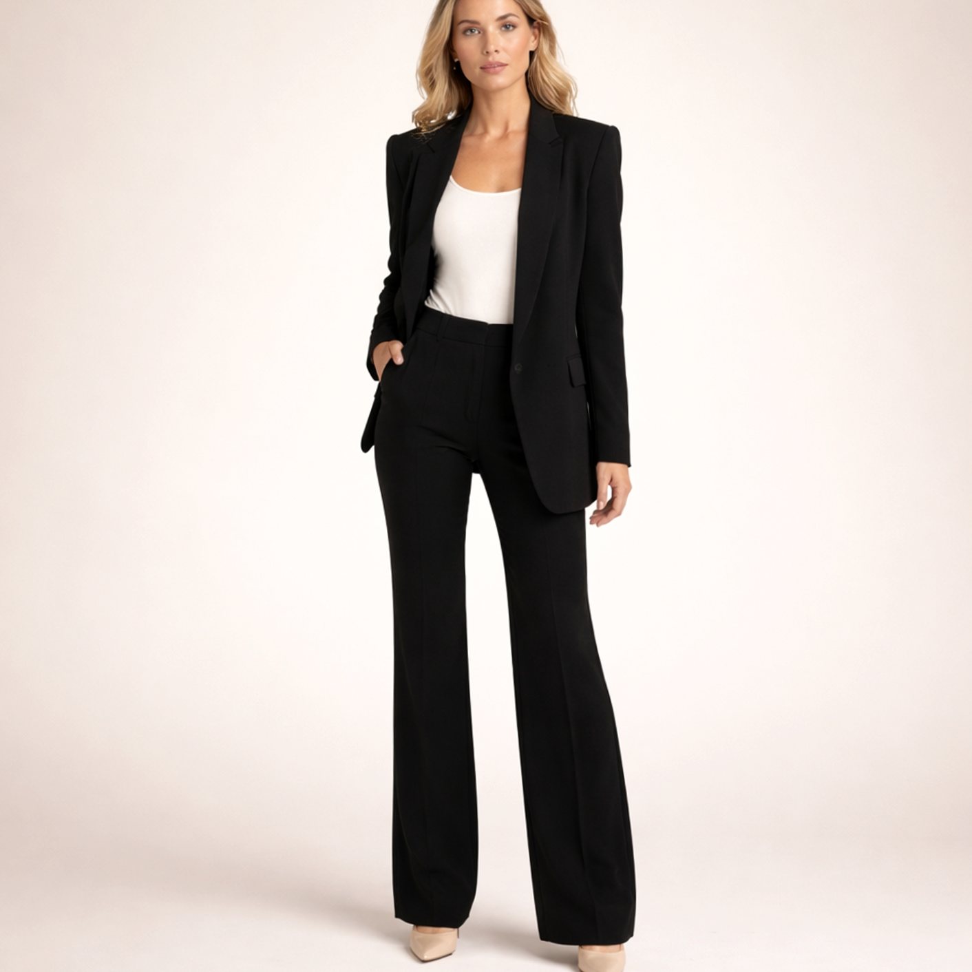 Women's Wide-Leg Blazer Trouser Two-Piece Suit - Black