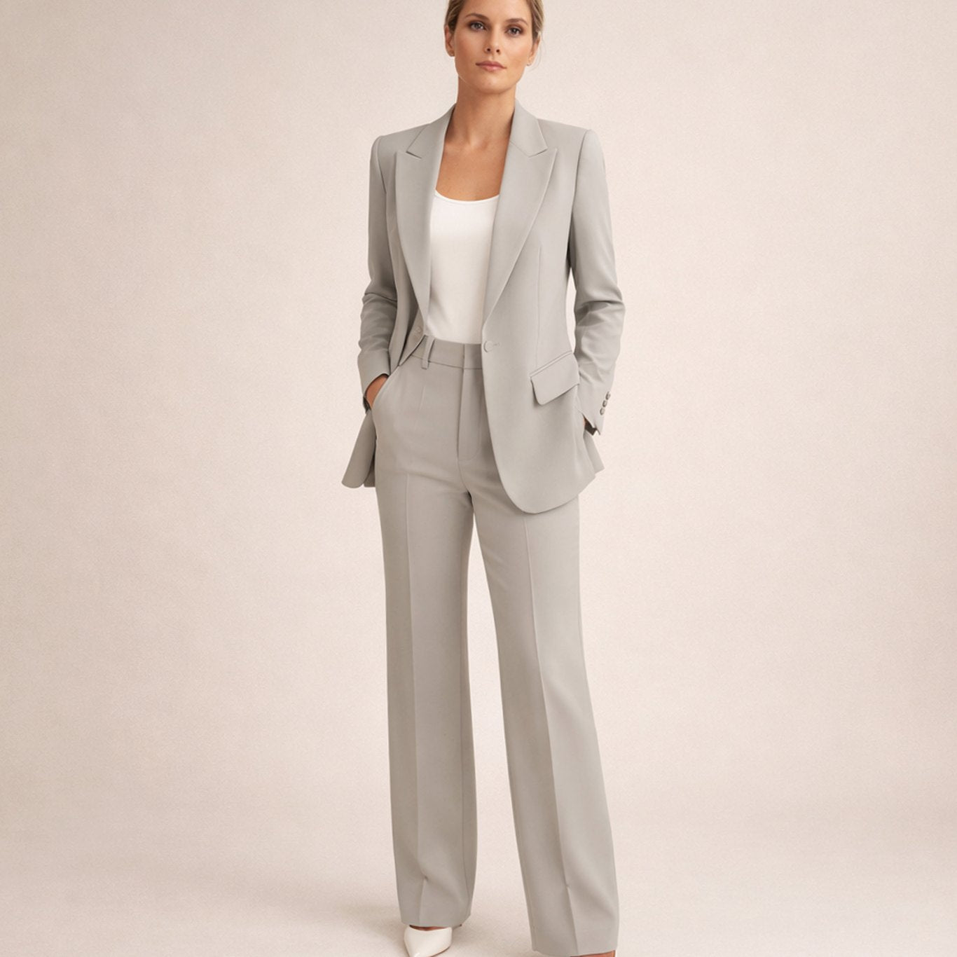 Women's Wide-Leg Blazer Trouser Two-Piece Suit - Grey