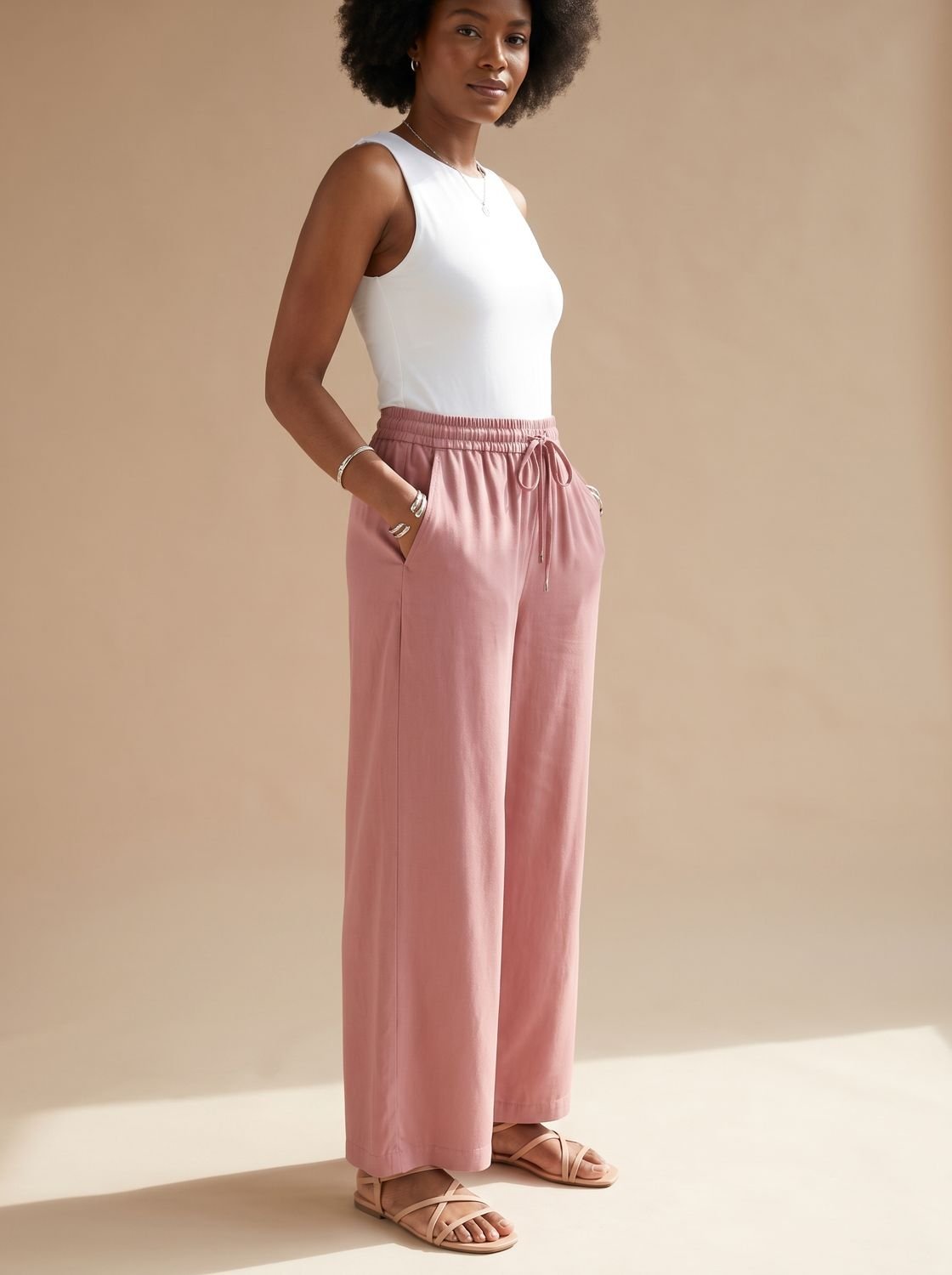 Women's Wide-Leg Casual Palazzo Trousers Drawstring Waist Side Pockets