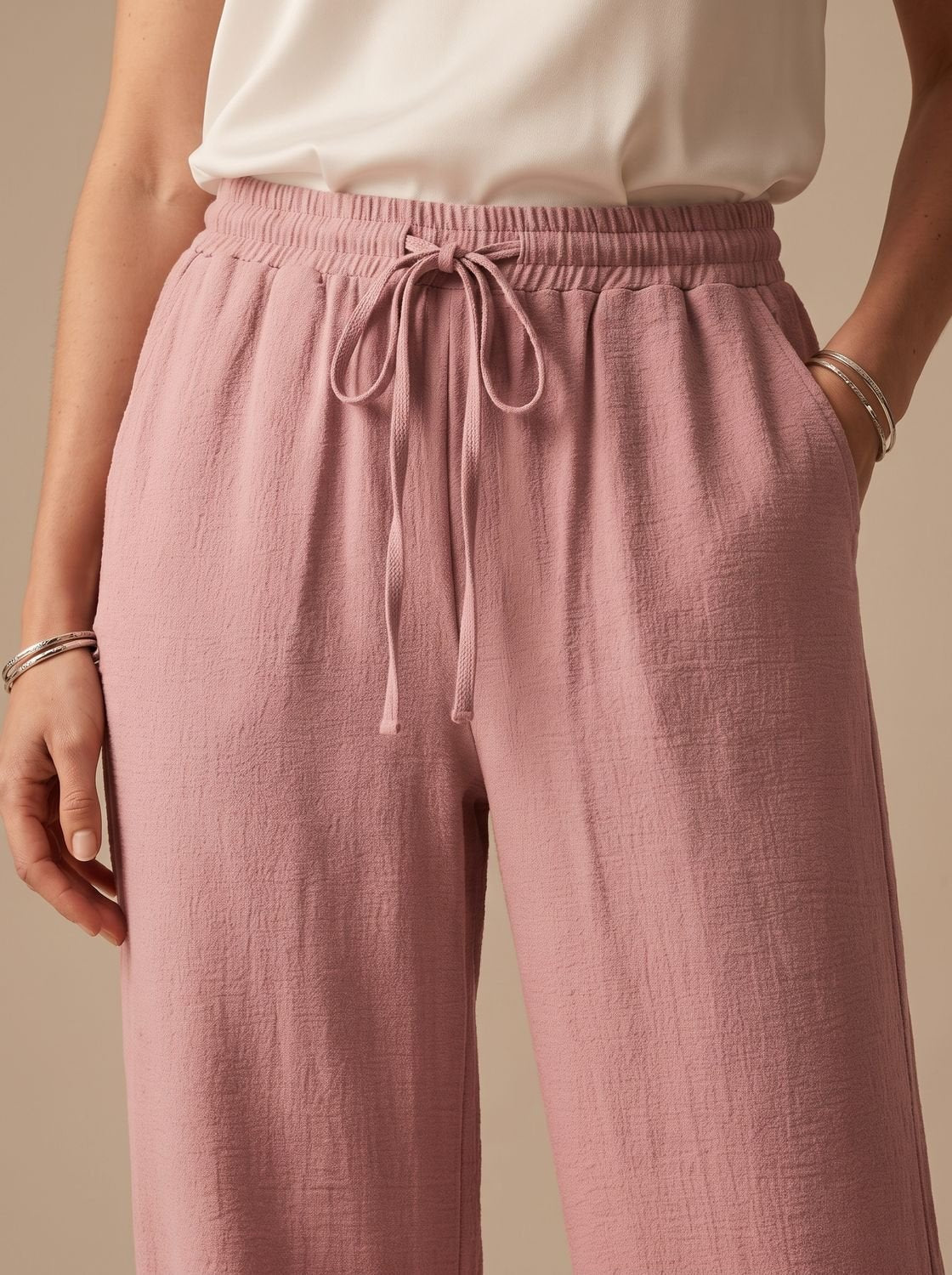 Women's Wide-Leg Casual Palazzo Trousers Drawstring Waist Side Pockets