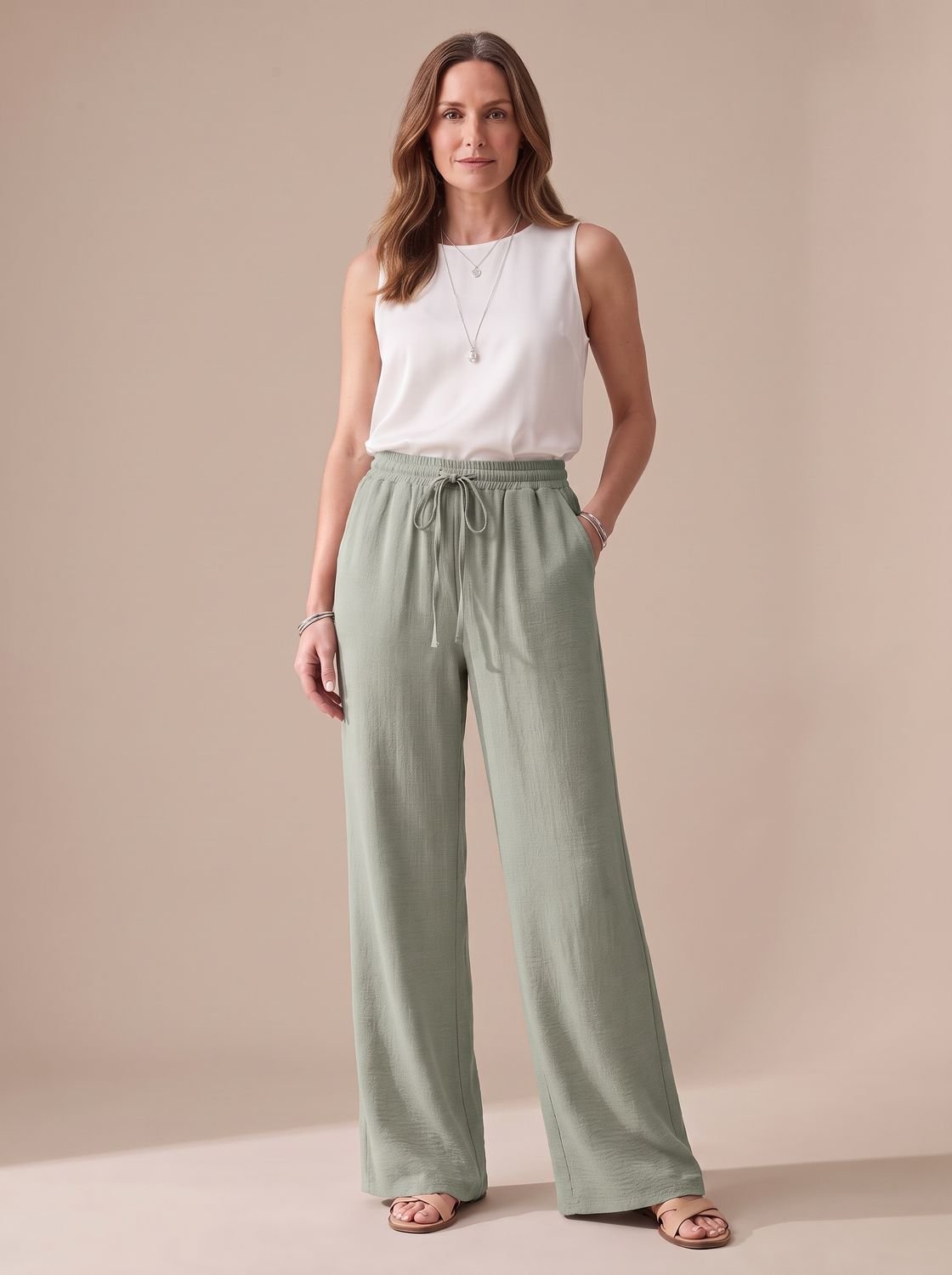 Women's Wide-Leg Casual Palazzo Trousers Drawstring Waist Side Pockets - Grey
