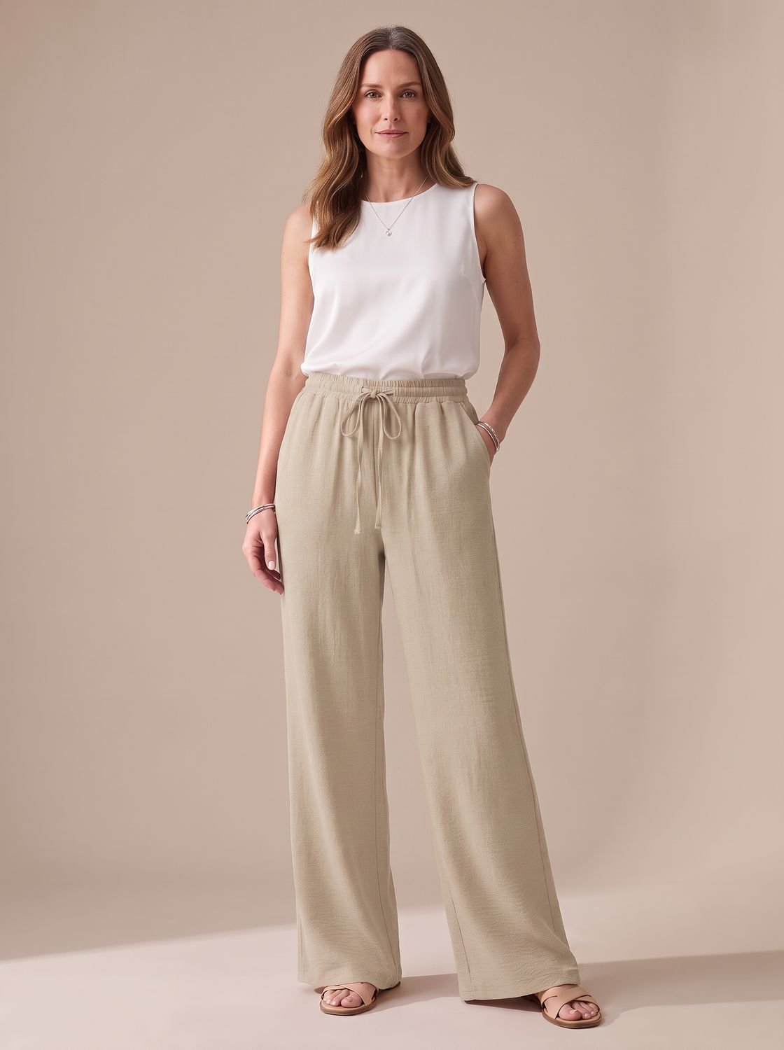 Women's Wide-Leg Casual Palazzo Trousers Drawstring Waist Side Pockets - Khaki