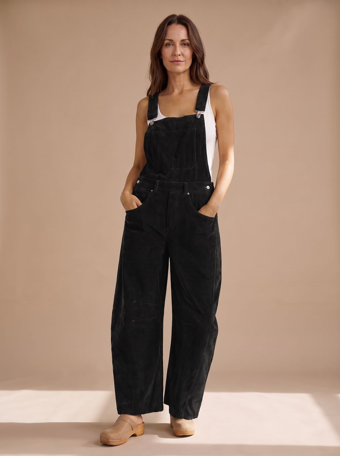 Women's Wide-Leg Corduroy Bib Overall Jumpsuit - Black