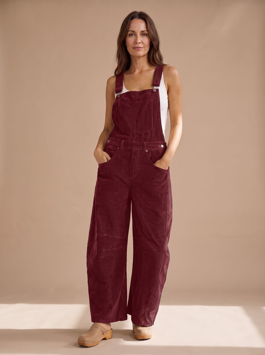 Women's Wide-Leg Corduroy Bib Overall Jumpsuit - Wine Red
