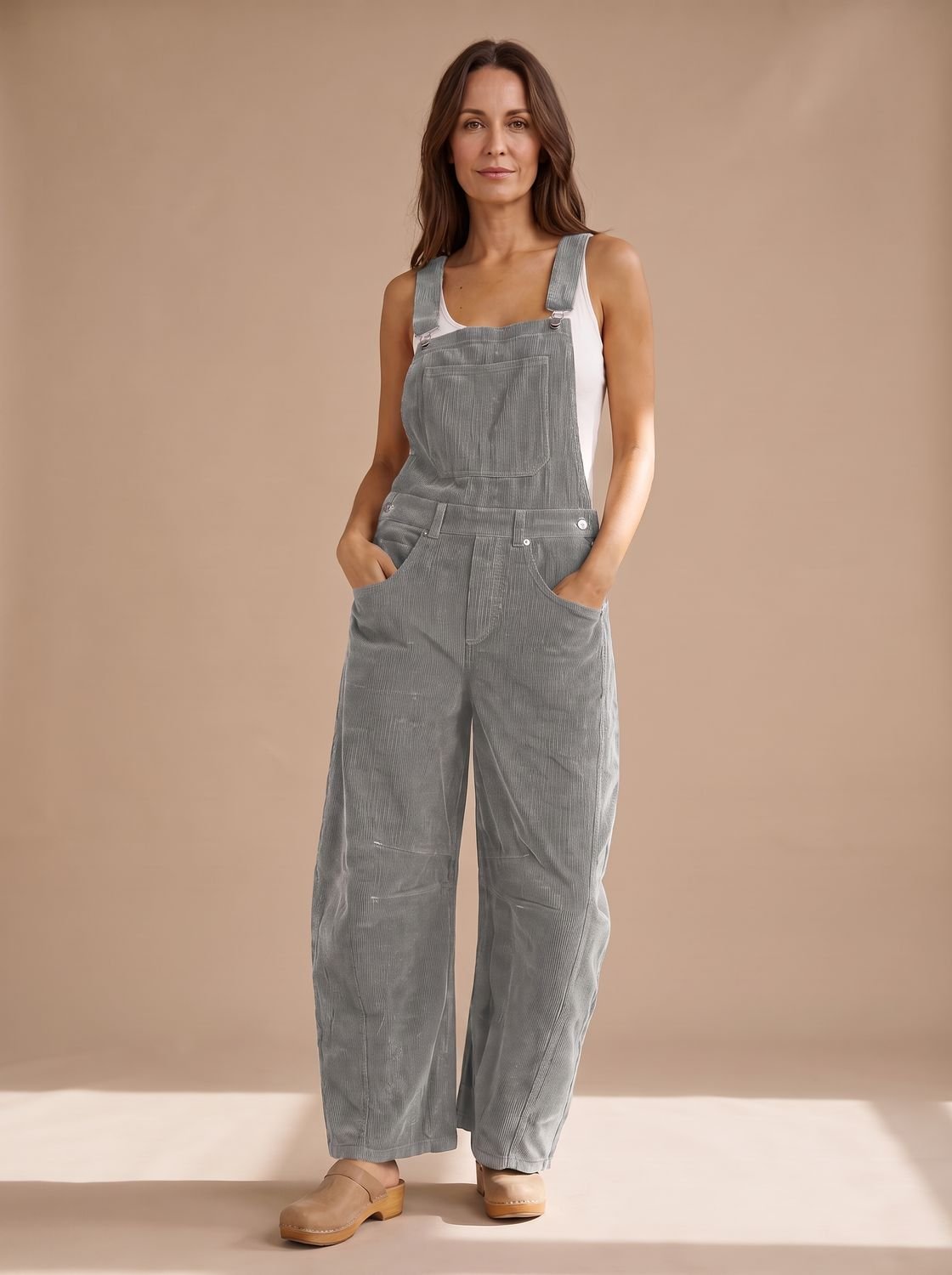 Women's Wide-Leg Corduroy Bib Overall Jumpsuit - Grey