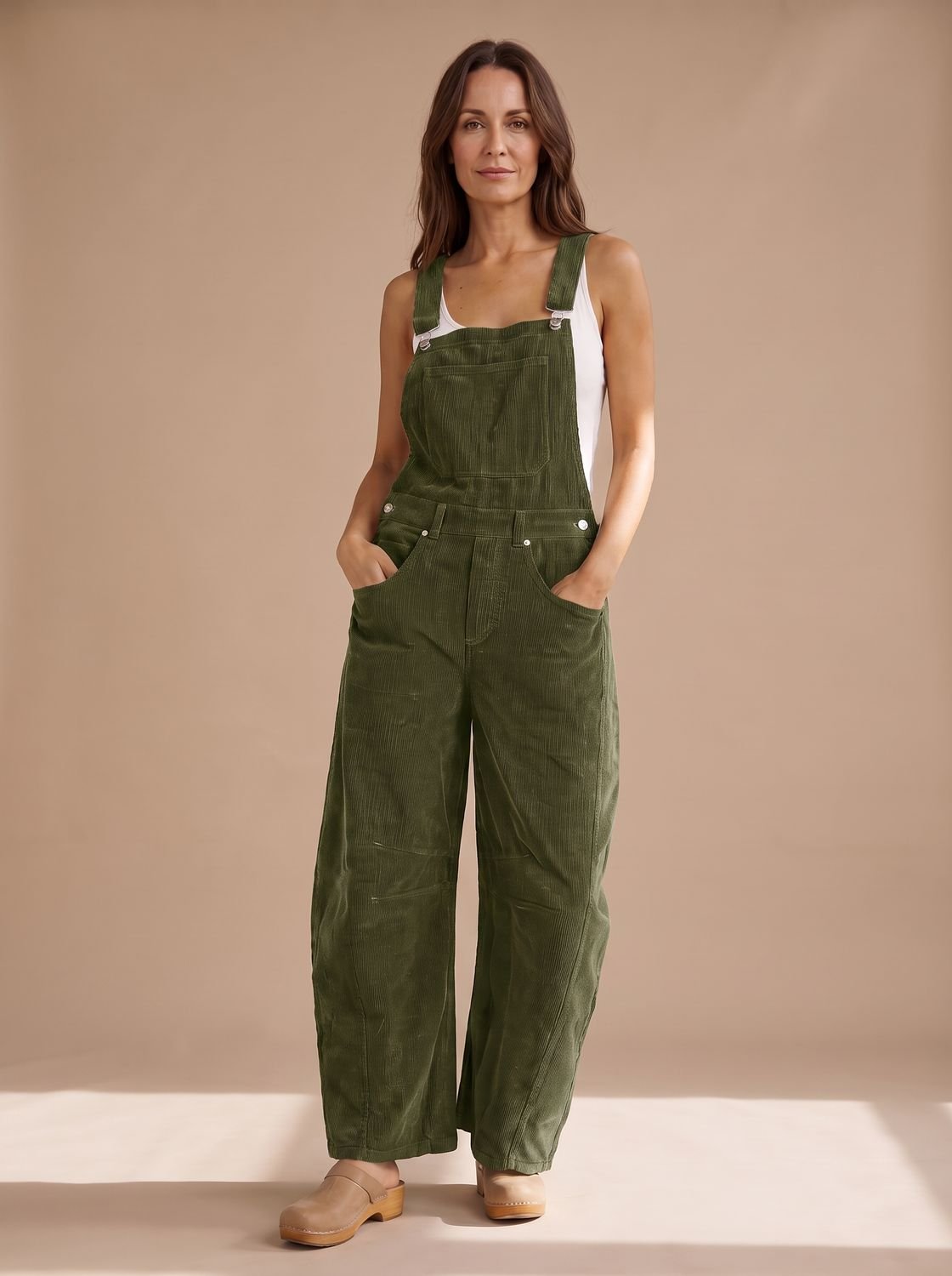 Women's Wide-Leg Corduroy Bib Overall Jumpsuit - Olive Green