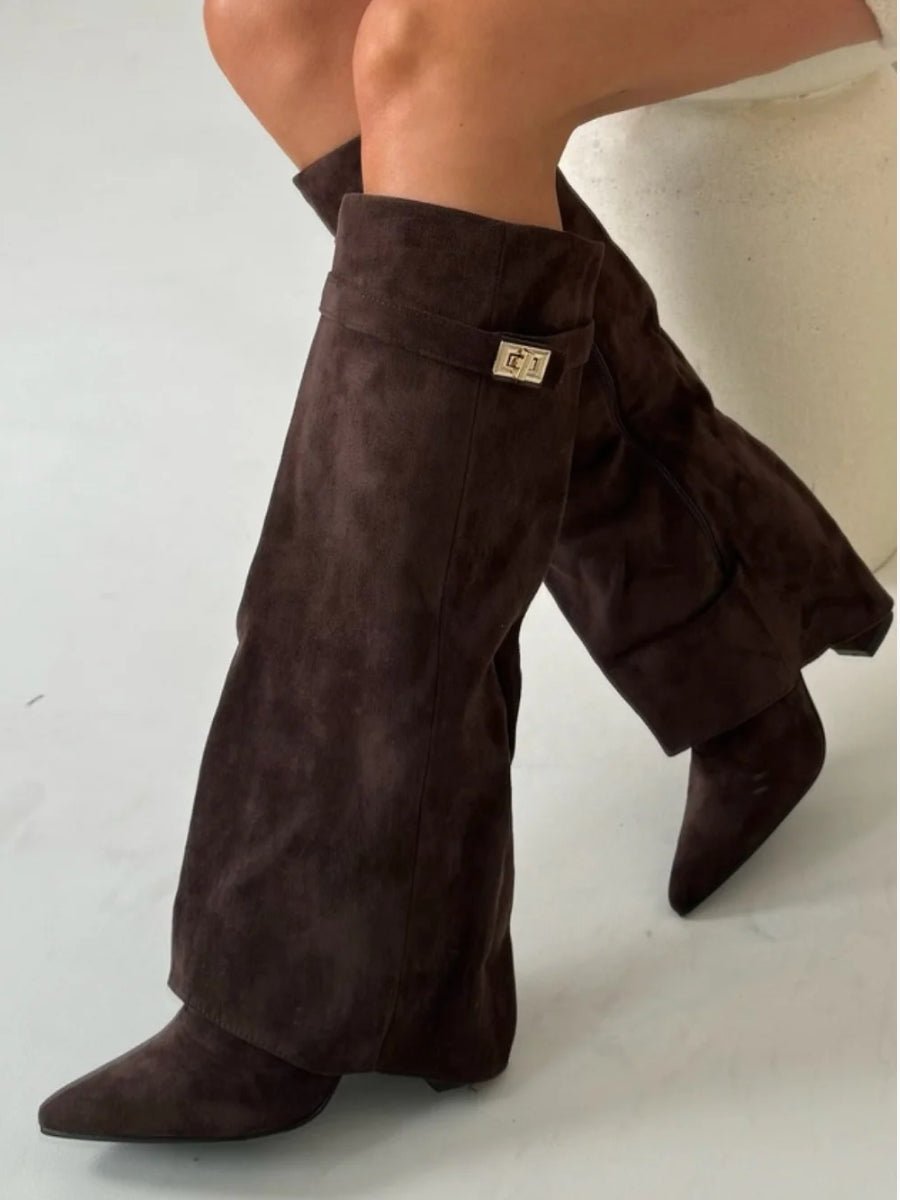 Women's Wide-Leg Folded Leather Heel Boots - Brown