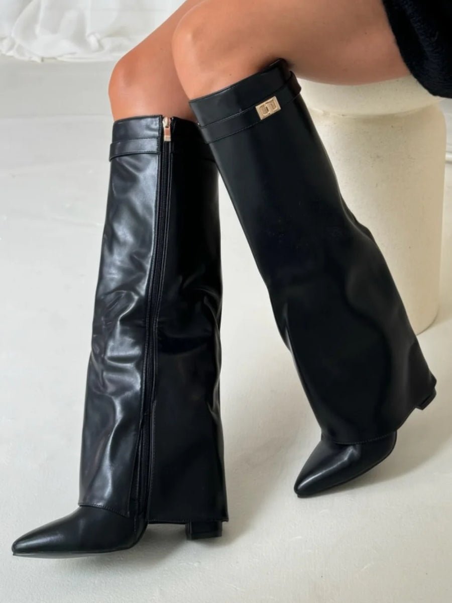 Women's Wide-Leg Folded Leather Heel Boots